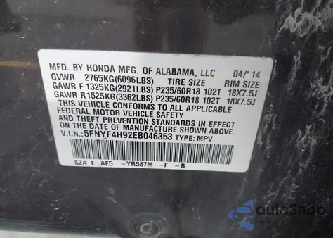 2014 Honda Pilot Touring from USA, damaged, VIN 5FNYF4H92EB046353